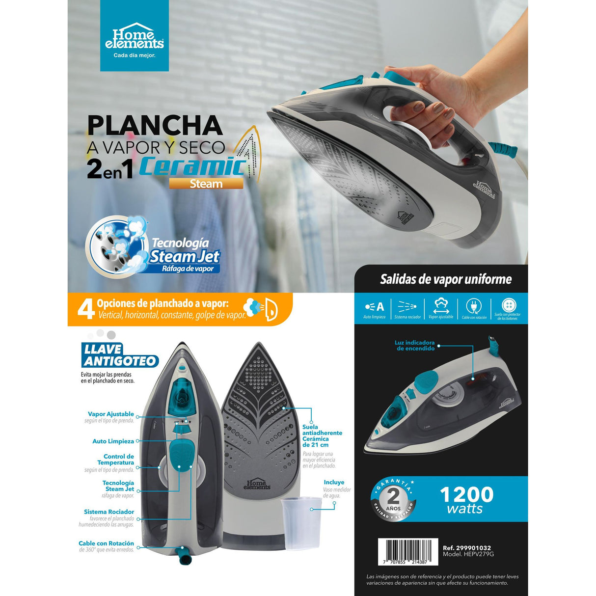 Plancha Gris y Azul Turquesa 11.3x14cm con Vapor y Dispensaodor y Rociador de Agua - PLANCHAS | Bylmo