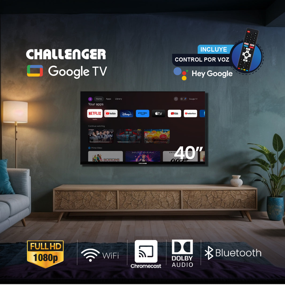 Televisor Led Smart Google 89.1x52.1cm de 40 Pulgadas FULL HD 1080P Con Wifi Integrado y Con Bluetooth - TELEVISORES | Bylmo