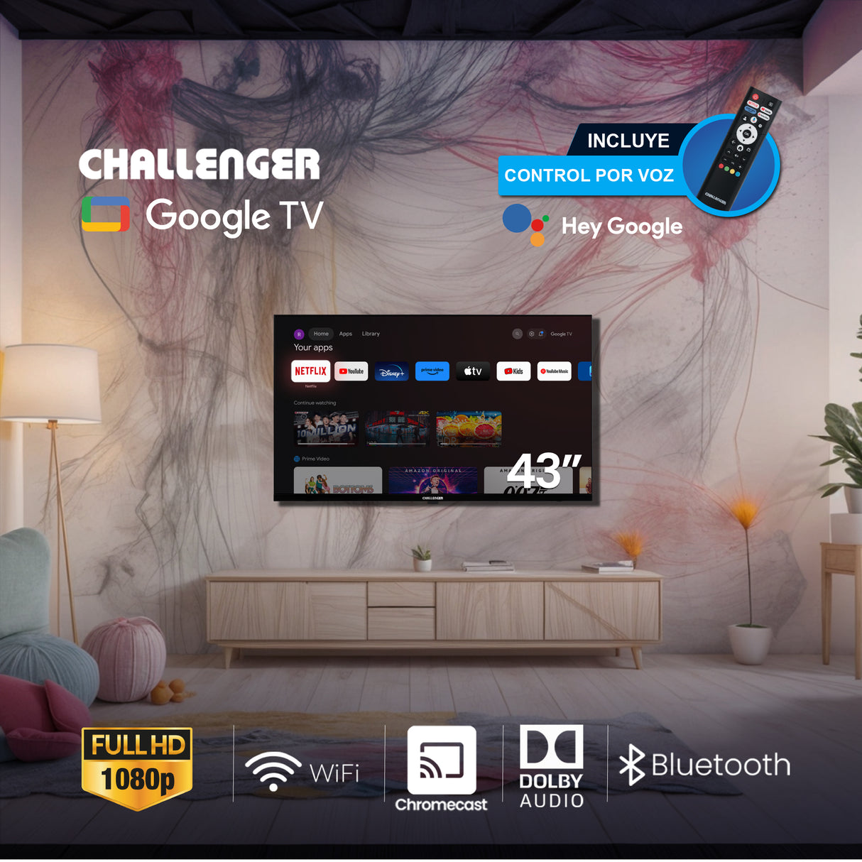 Televisor Led Smart Google 108.3x61cm de 43 Pulgadas FULL HD 1080P Con Wifi Integrado y Con Bluetooth - TELEVISORES | Bylmo