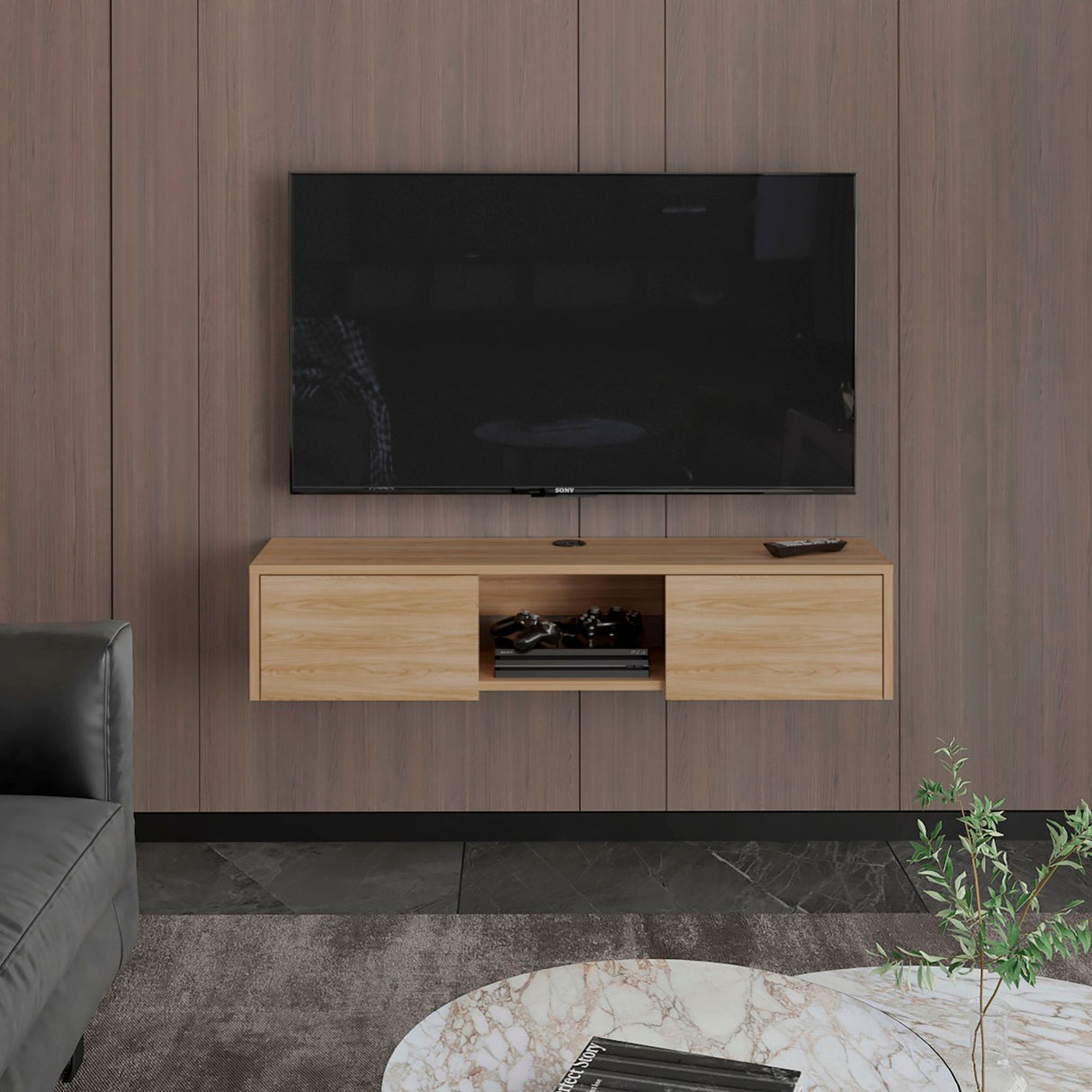 Repisa para TV Flotante Glen Fresno Europeo 125.1x26.8cm para TV Hasta 50 Pulgadas sin Cajones y con Ranuras para Cables - MUEBLES DE TV | Bylmo