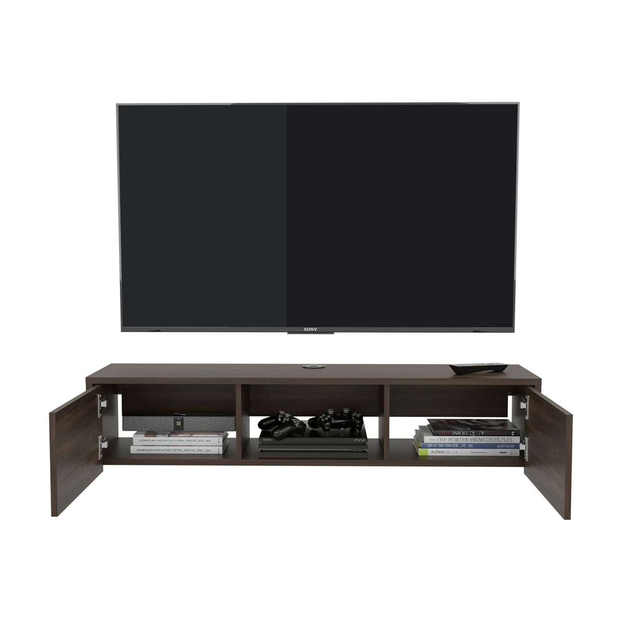 Repisa para TV Flotante Glen Nogal 125.1x26.8cm para TV Hasta 50 Pulgadas sin Cajones y con Ranuras para Cables - MUEBLES DE TV | Bylmo