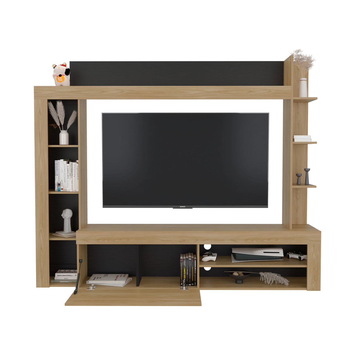 Centro de Entretenimiento Cecil Fresno Europeo y Wengue 215.8x178.1cm para TV Hasta 75 Pulgadas sin Cajones y con Ranuras para Cables - MUEBLES DE TV | Bylmo
