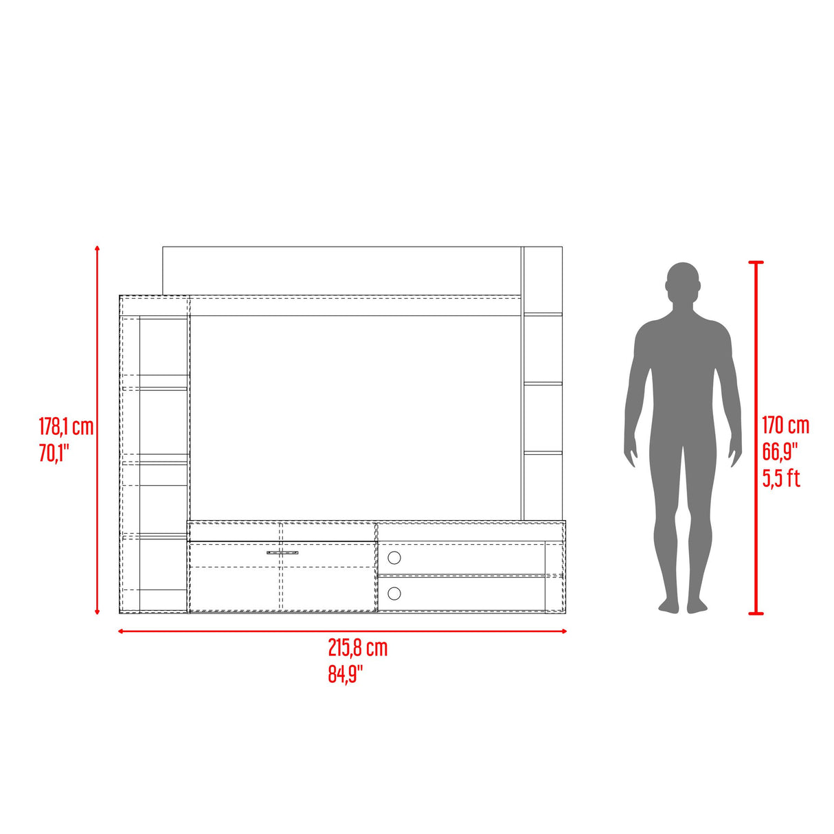 Centro de Entretenimiento Cecil Fresno Europeo y Wengue 215.8x178.1cm para TV Hasta 75 Pulgadas sin Cajones y con Ranuras para Cables - MUEBLES DE TV | Bylmo