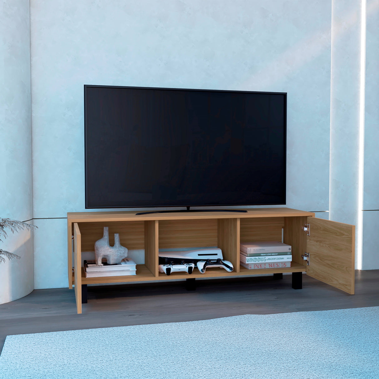 Rack de TV Lazio Fresno Europeo 126.3x41.2cm para TV Hasta 75 Pulgadas sin Cajones y con Ranuras para Cables - MUEBLES DE TV | Bylmo