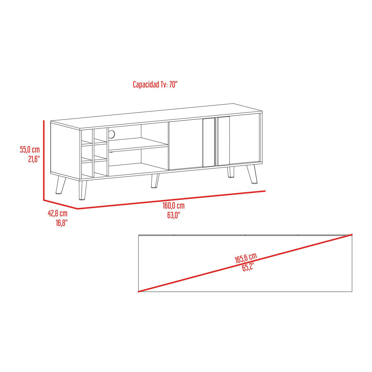 Rack de TV Lane Blanco y Fresno Europeo 160x55cm para TV Hasta 65 Pulgadas sin Cajones y con Ranuras para Cables - MUEBLES DE TV | Bylmo