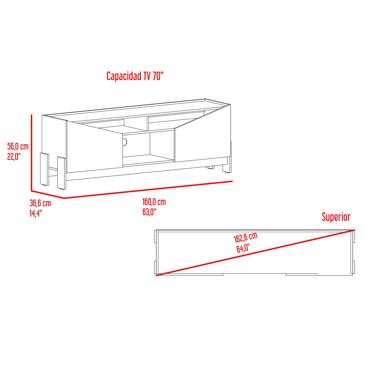 Rack de TV Holanda Capri y Fresno Europeo 160x56cm para TV Hasta 70 Pulgadas sin Cajones y con Ranuras para Cables - MUEBLES DE TV | Bylmo