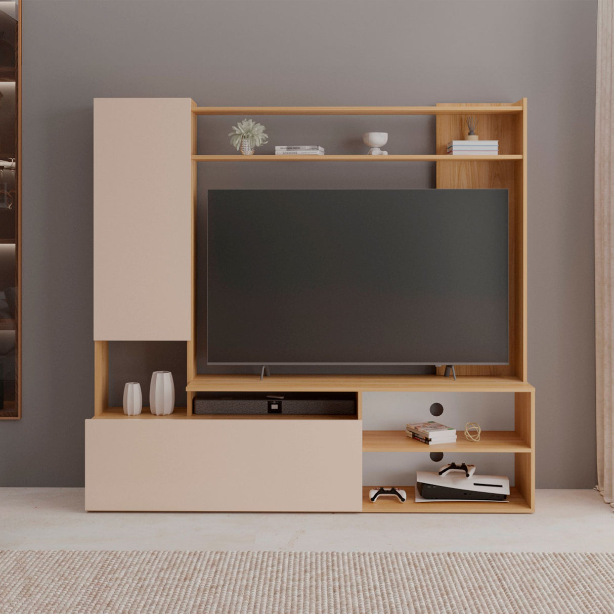 Rack de TV Nolic Fresno Europeo y Capri 178.5x167cm para TV Hasta 60 Pulgadas sin Cajones y con Ranuras para Cables - MUEBLES DE TV | Bylmo