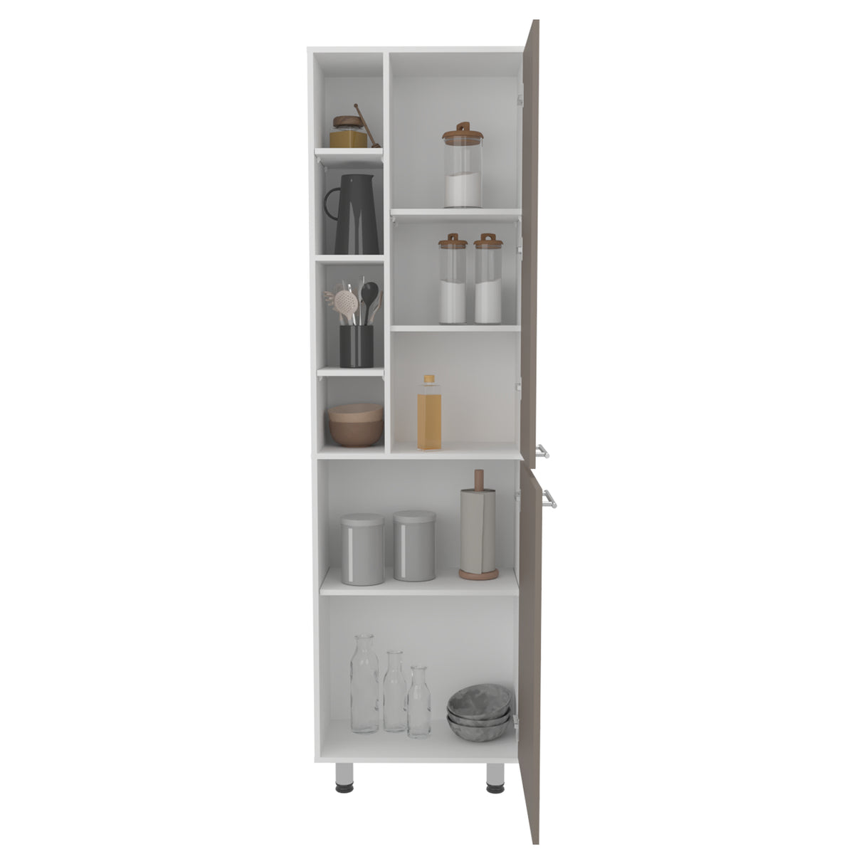 Alacena Burton Blanco y Taupe 58.6x204cm con Dos Puertas y con Patas - ALACENAS Y MUEBLES MICROONDAS | Bylmo