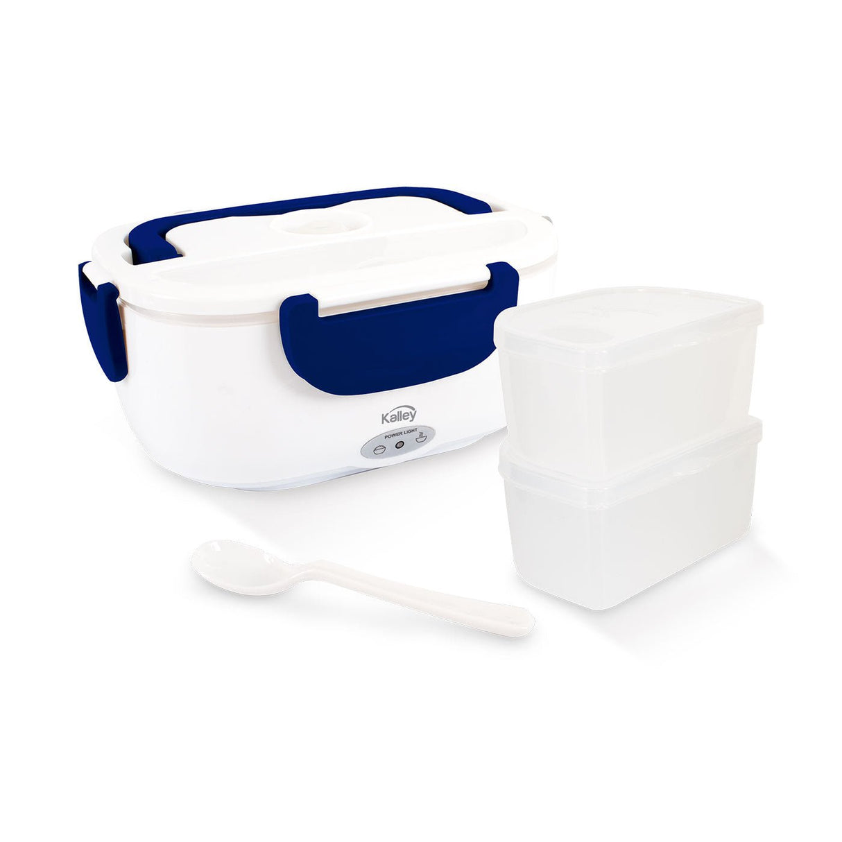 Lonchera Eléctrica Kalley Blanco y Azul 23.2x10cm De 1.1 Litros con Dos Compartimientos y con Tapa Hermética - LONCHERAS ELECTRICAS | Bylmo