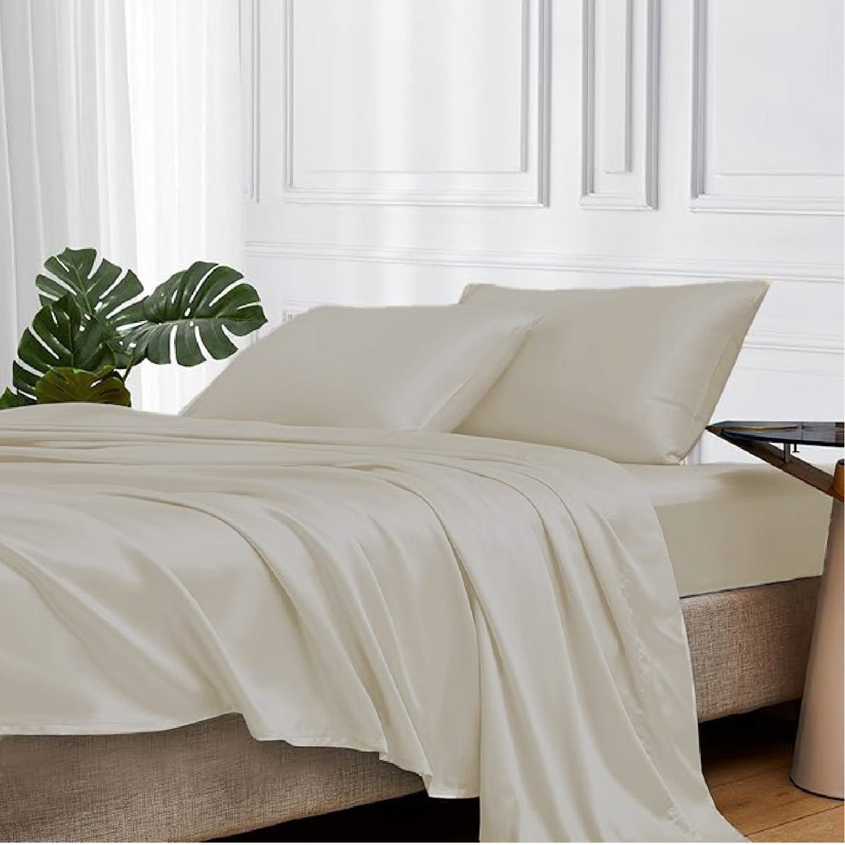 Juego de Sabanas de Satín Beige 160x190cm 300 Hilos con Dos Sábanas y Dos Fundas de Almohada - SABANAS | Bylmo