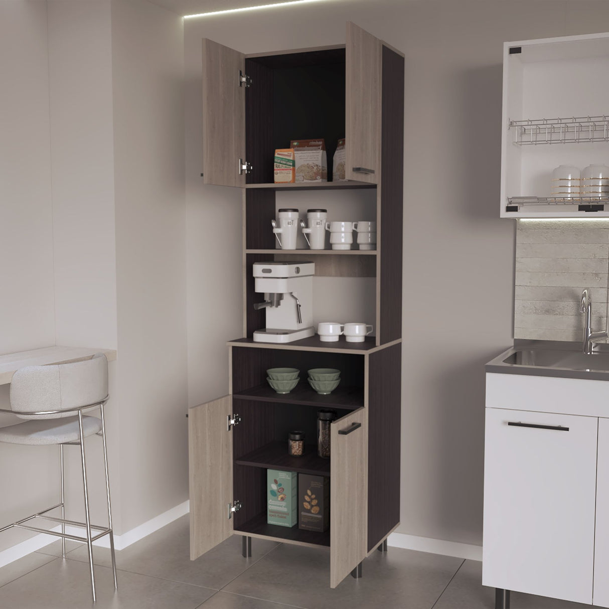 Alacena Otomo Wengue y Bardolino 60x204cm sin Cajones y con Cuatro Puertas - ALACENAS Y MUEBLES MICROONDAS | Bylmo