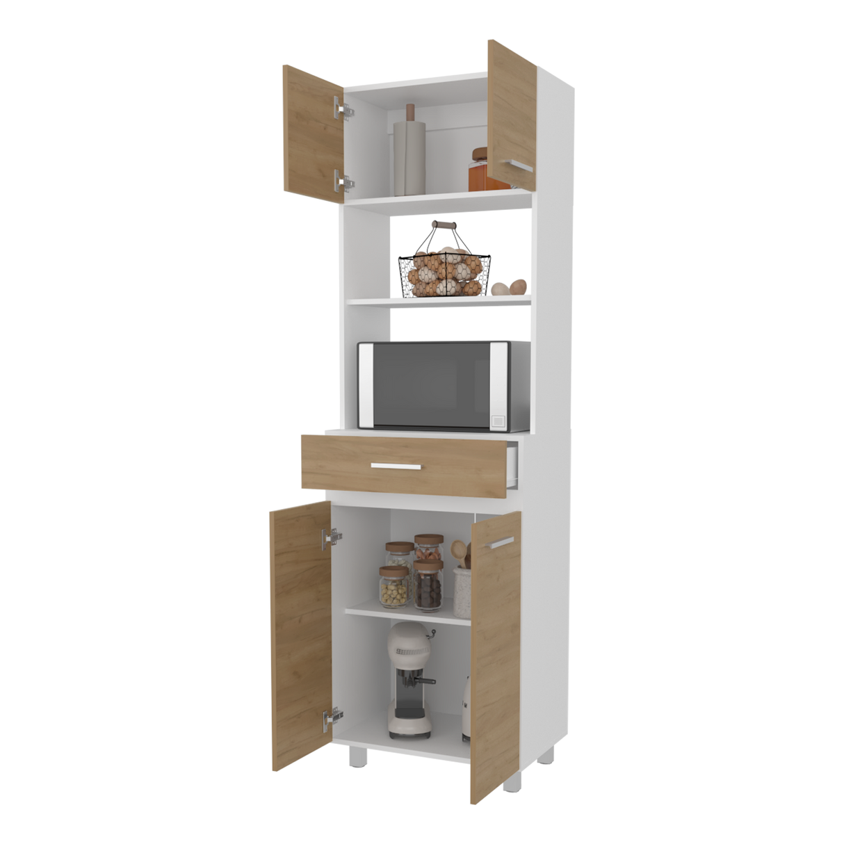 Mueble Microondas Sicilia Fresno y Blanco 62.1x201cm con Un Cajón y con Cuatro Puertas - ALACENAS Y MUEBLES MICROONDAS | Bylmo