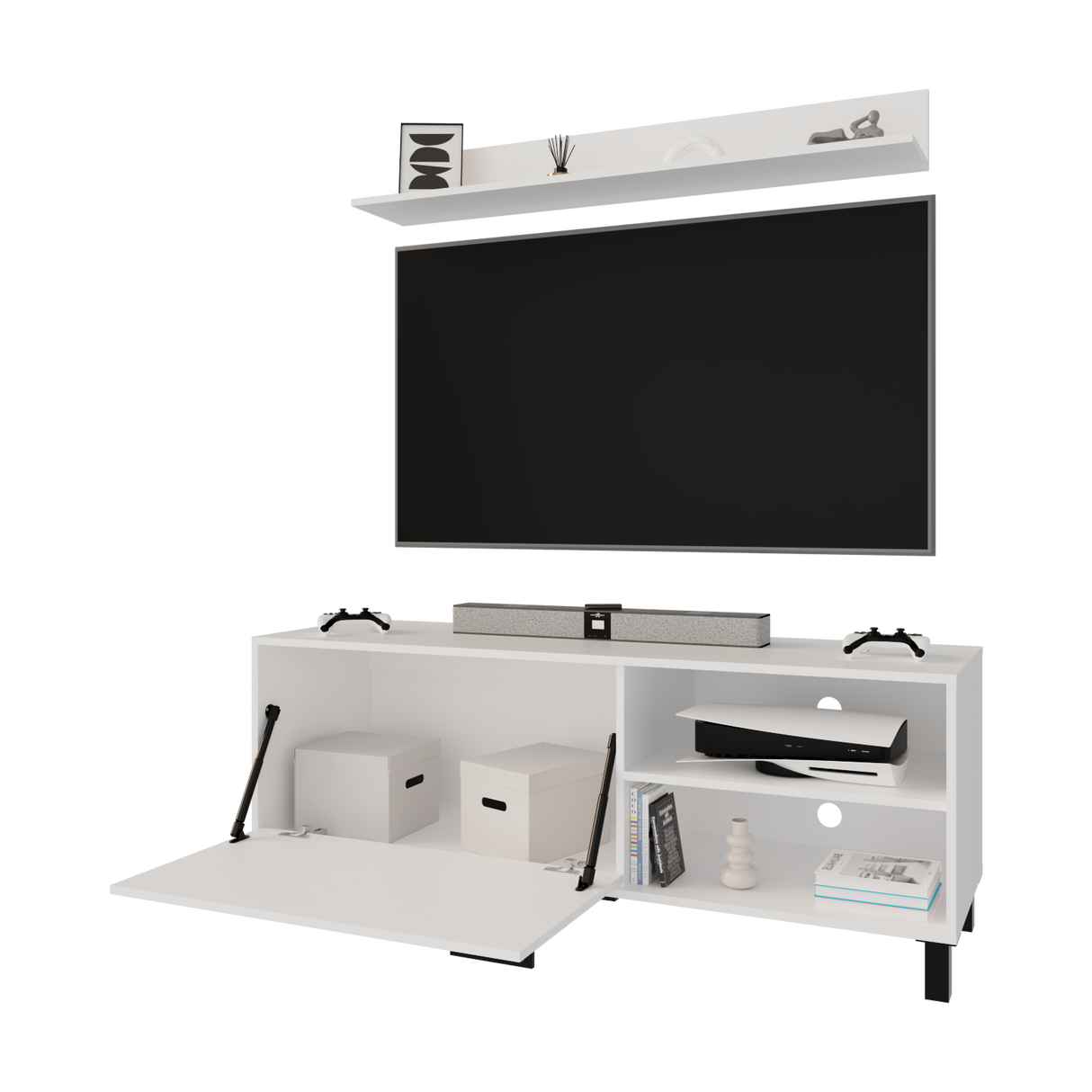 Mesa para TV Bryce Blanco 140x53cm Pata TV Hasta 60 Pulgadas con Tres Compartimientos - MUEBLES DE TV | Bylmo