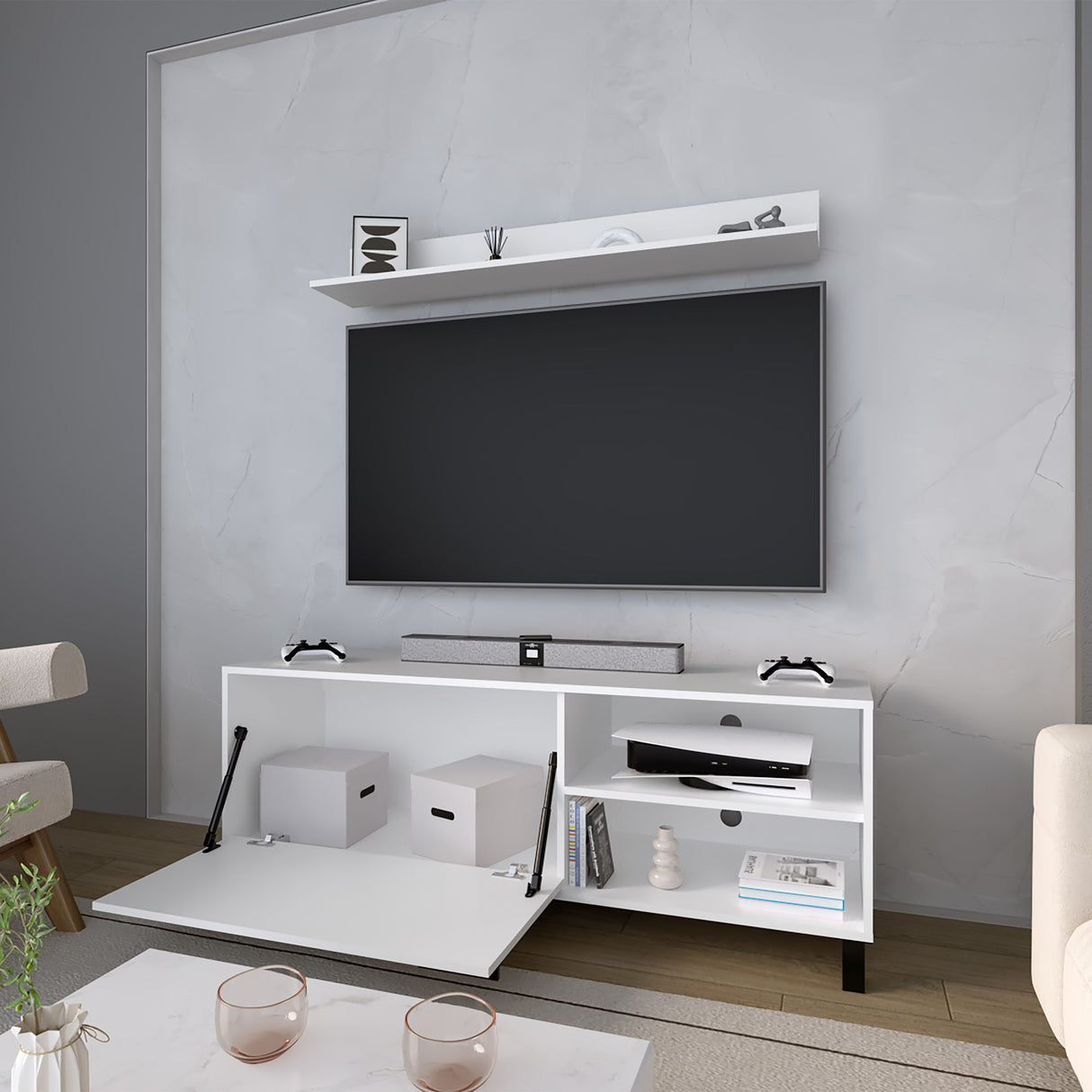 Mesa para TV Bryce Blanco 140x53cm Pata TV Hasta 60 Pulgadas con Tres Compartimientos - MUEBLES DE TV | Bylmo