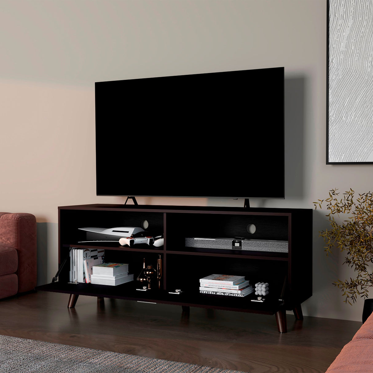 Rack de TV Patrick Wengue 139x59cm Pata TV Hasta 60 Pulgadas con Cuatro Compartimientos - MUEBLES DE TV | Bylmo