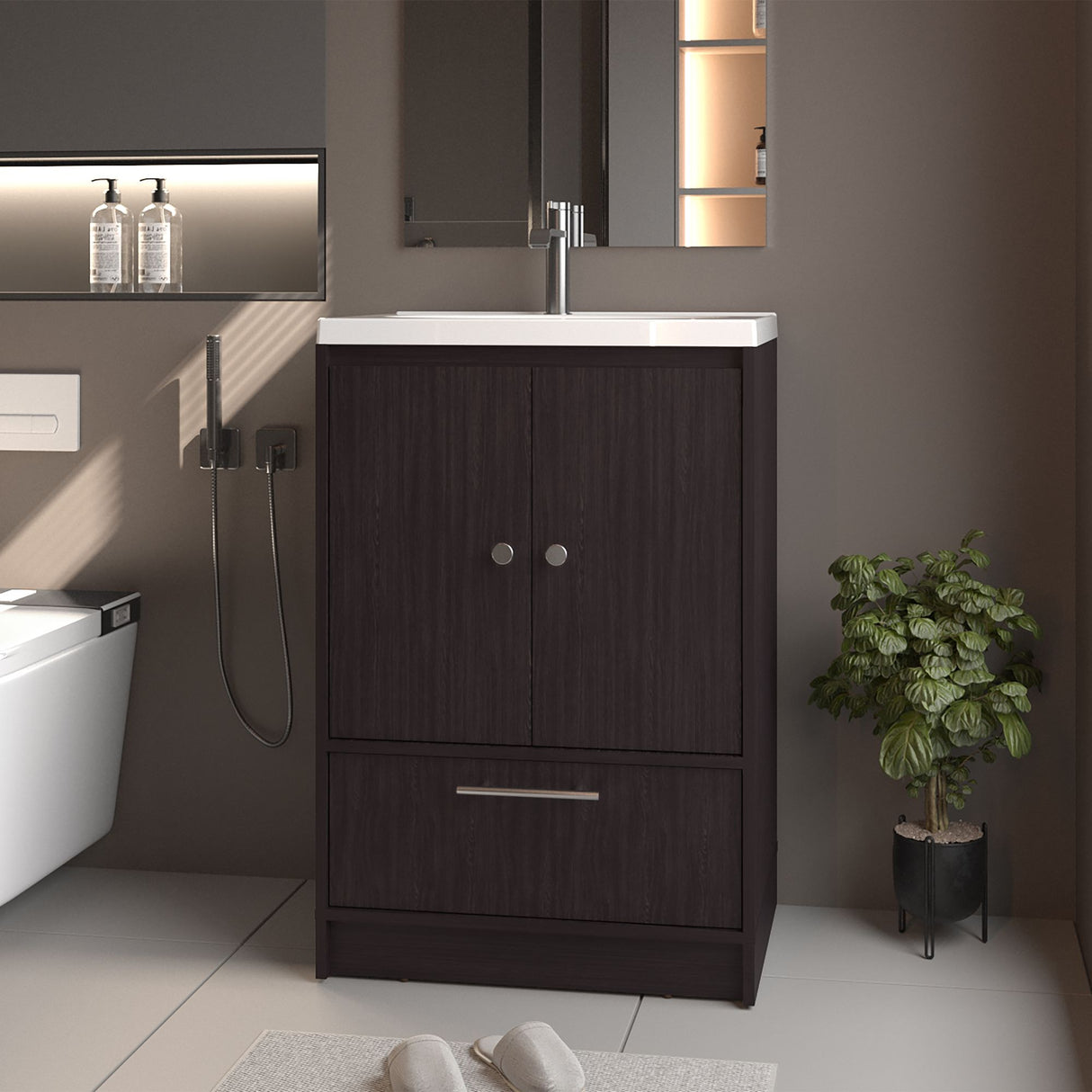 Mueble para Lavamanos Madison Wengue 60x89.7cm Individual con Lavamanos Integrado y con Un Cajón - MUEBLES PARA LAVAMANOS | Bylmo
