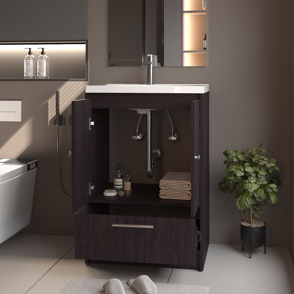 Mueble para Lavamanos Madison Wengue 60x89.7cm Individual con Lavamanos Integrado y con Un Cajón - MUEBLES PARA LAVAMANOS | Bylmo