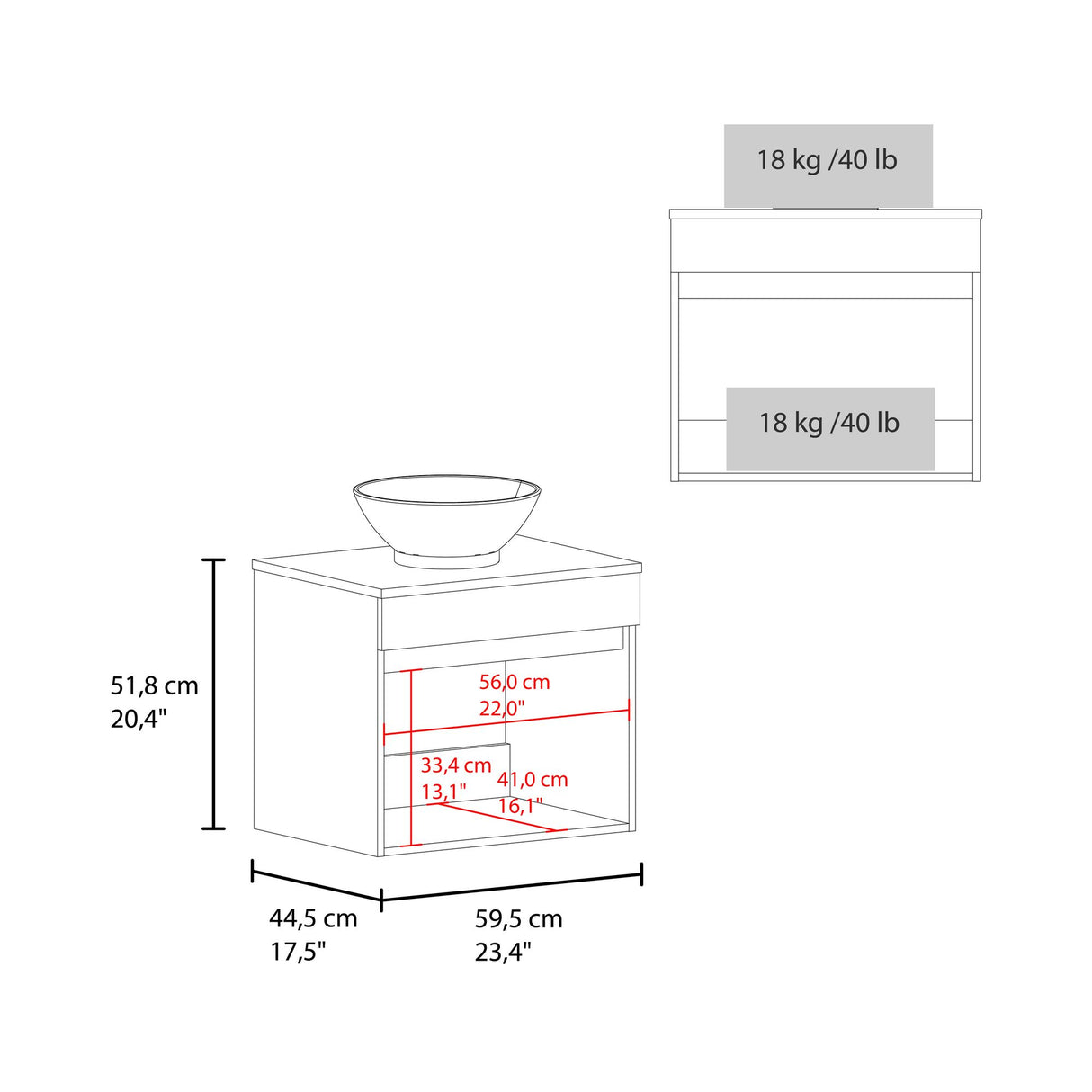 Mueble para Lavamanos Manchester Wengue 59.5x51.8cm Individual Flotante con Lavamanos Vessel y sin Cajones - MUEBLES PARA LAVAMANOS | Bylmo