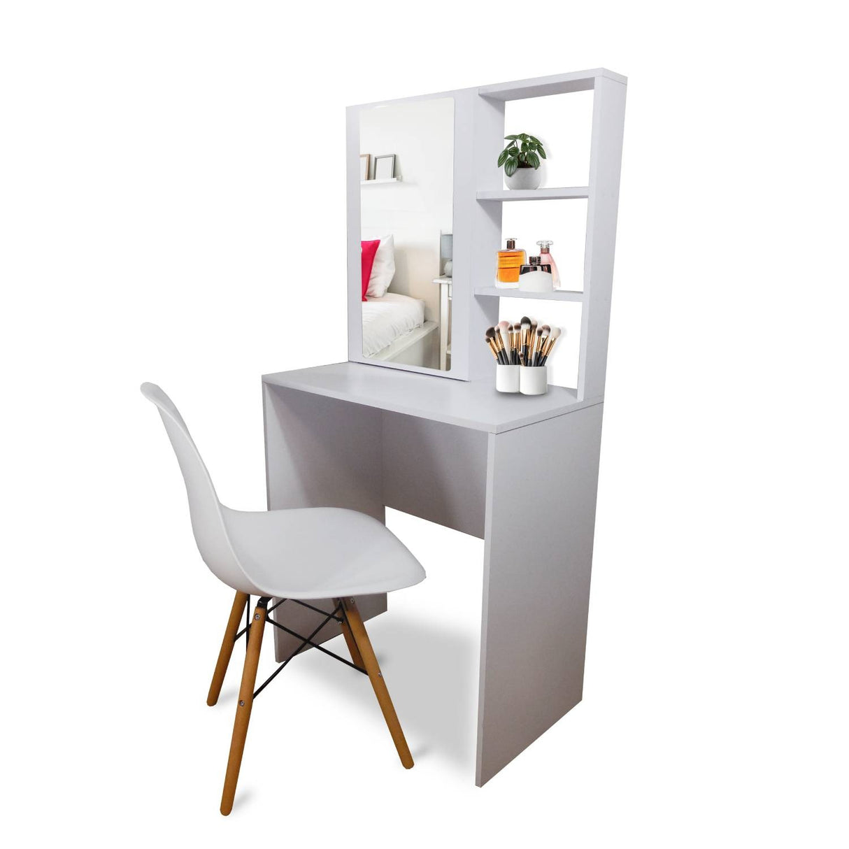 Combo Tocador Mallorca Blanco 70x140cm De Un Puesto con Espejo y con Una Silla - TOCADORES | Bylmo