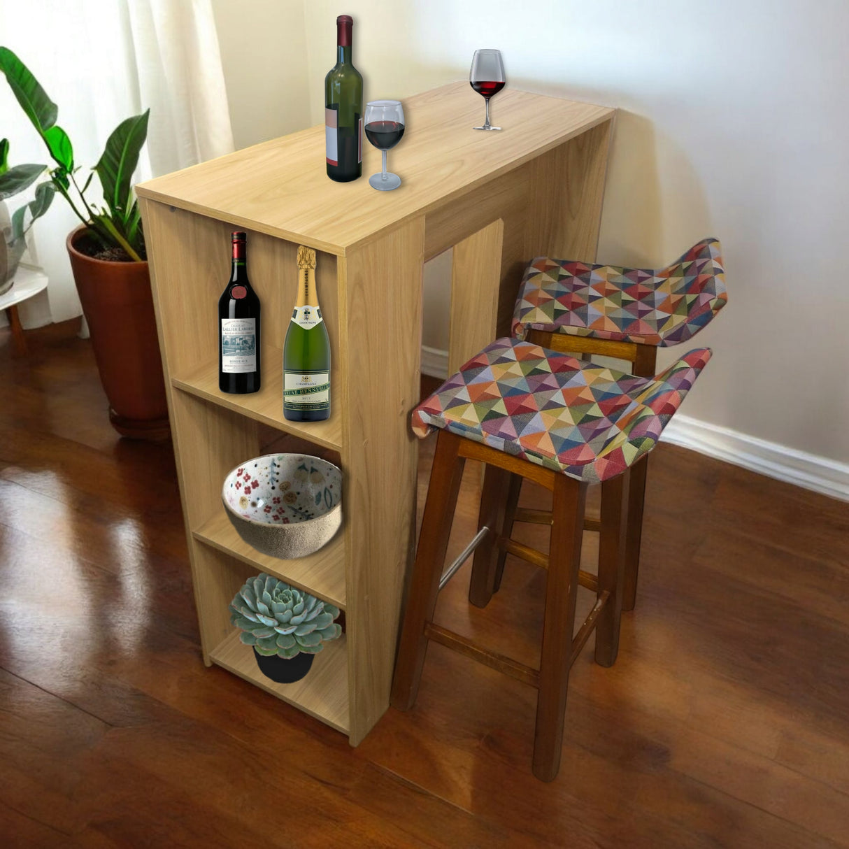 Combo Barra de Cocina Madrid Fresno y Colors 100x101cm con Tres Entrepaños y con Dos Sillas Bar - BARRAS Y MUEBLES AUXILIARES | Bylmo