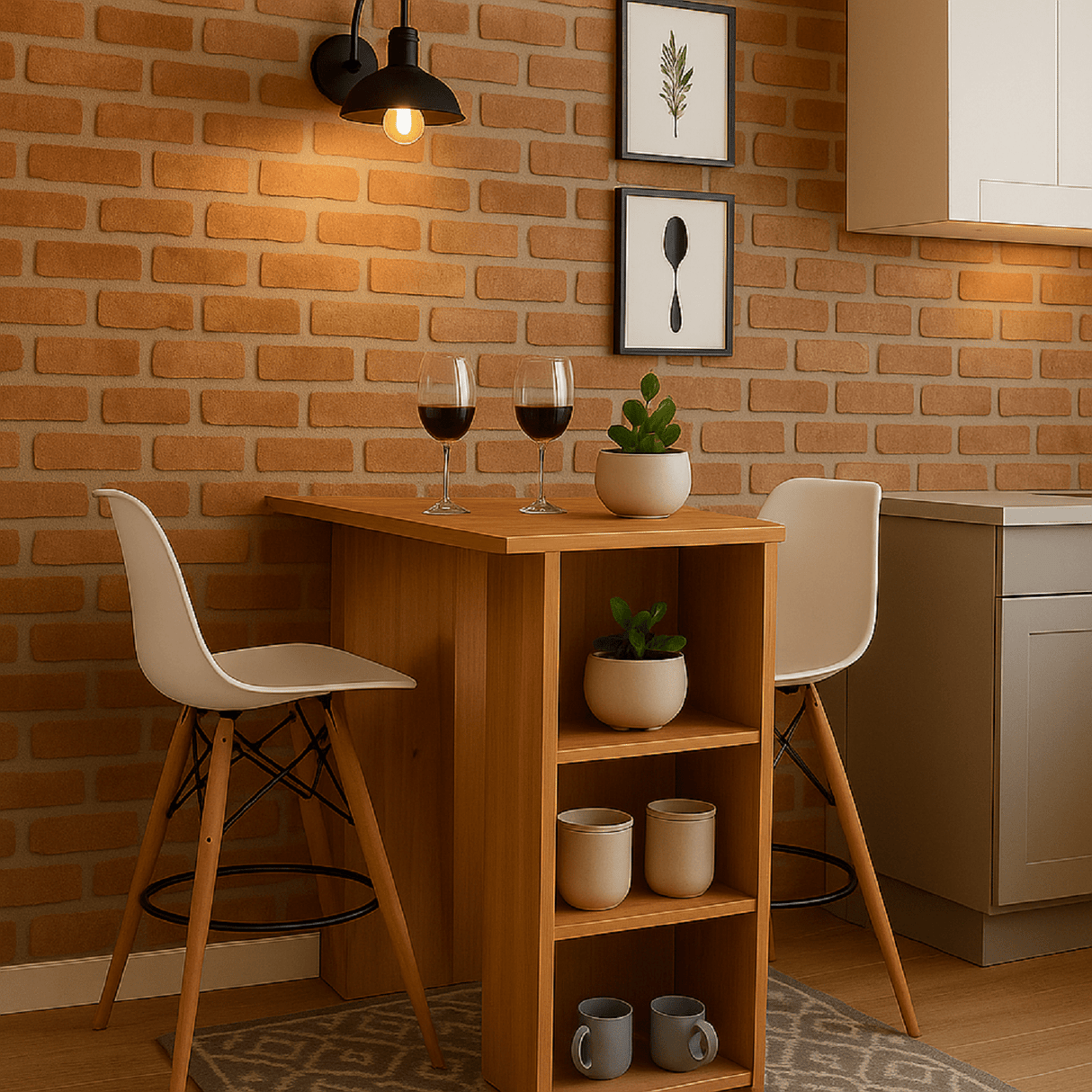 Combo Barra de Cocina Madrid Fresno y Blanco 100x101cm con Tres Entrepaños y con Dos Sillas Bar Eames - BARRAS Y MUEBLES AUXILIARES | Bylmo
