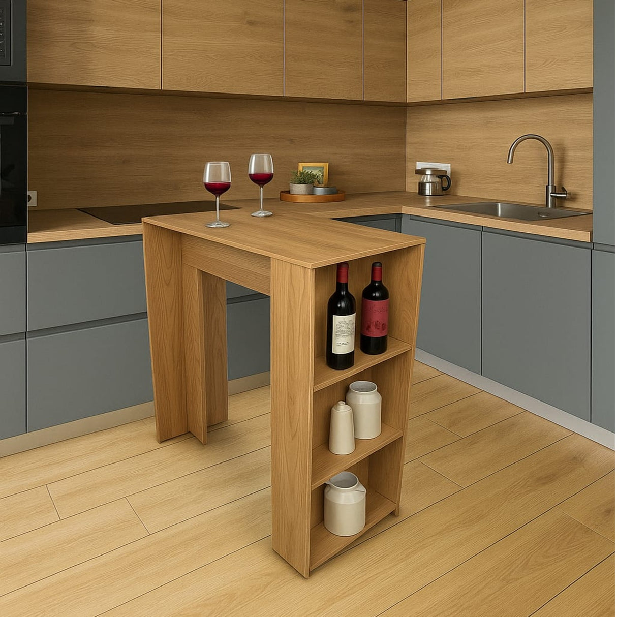 Combo Barra de Cocina Madrid Fresno y Blanco 100x101cm con Tres Entrepaños y con Dos Sillas Bar Eames - BARRAS Y MUEBLES AUXILIARES | Bylmo