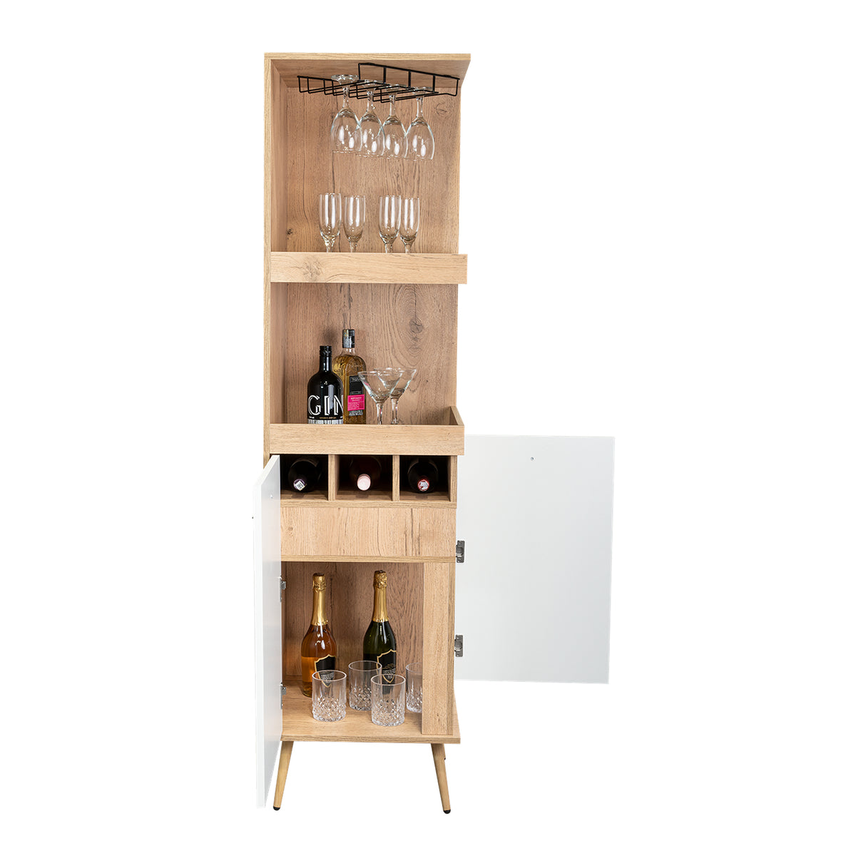 Bar Esquinero Huna Macadamia 46.9x46.9cm con Cuatro Portacopas y Seis Portabotellas - BARES | Bylmo