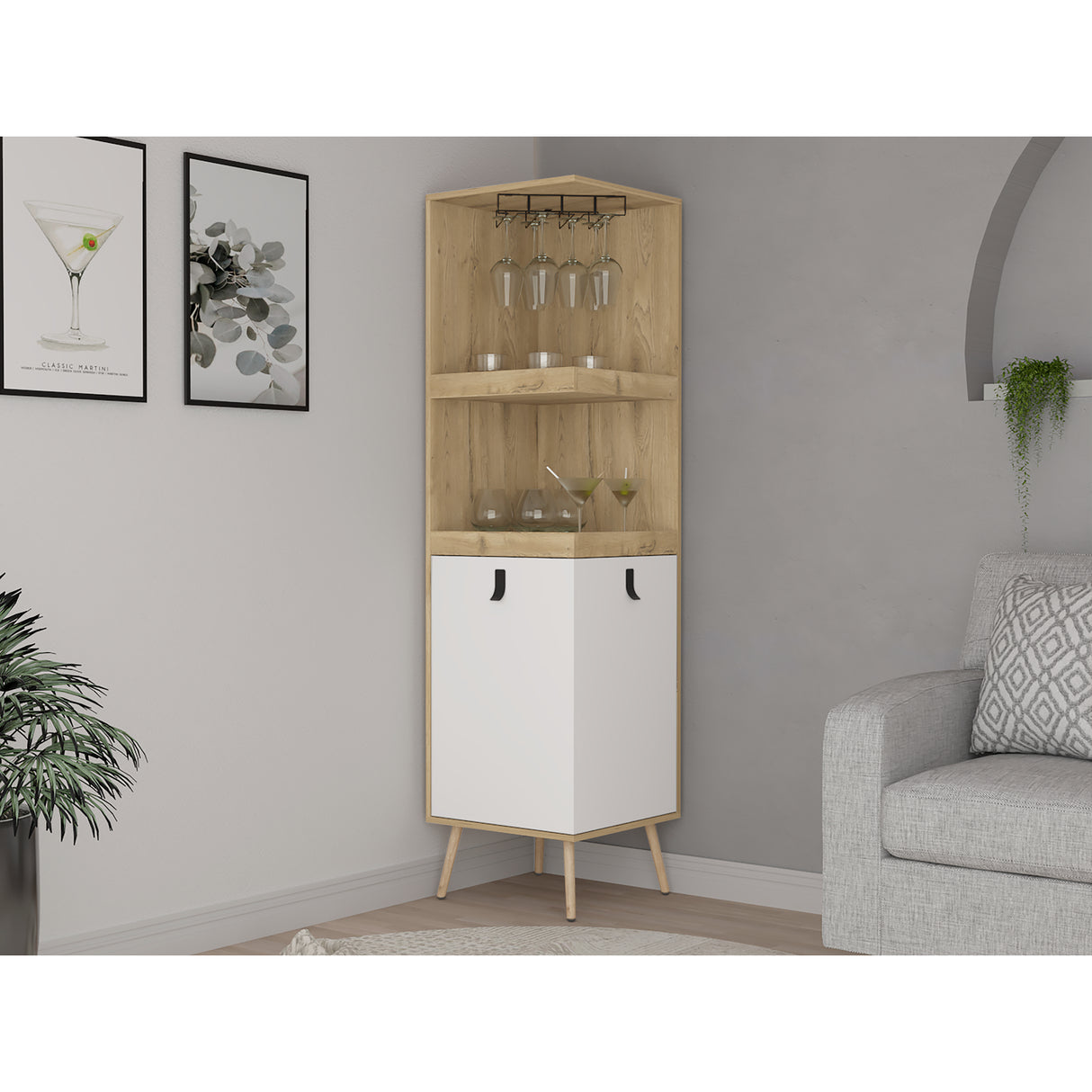 Bar Esquinero Huna Macadamia 46.9x46.9cm con Cuatro Portacopas y Seis Portabotellas - BARES | Bylmo
