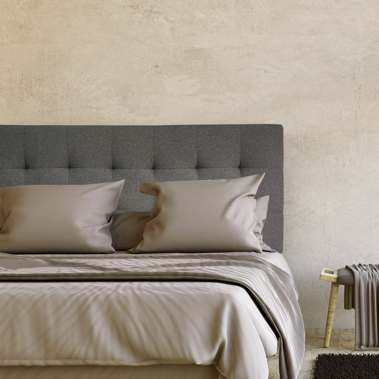 Combo Cabecero Gris 140x60cm Abullonada para Cama Doble con Dos Mesas de Noche - CABECEROS | Bylmo