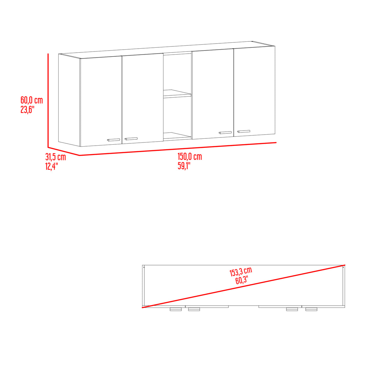 Gabinete de Cocina Portofino Wengue 150x60cm Con Cuatro Cajones cn Espacio para Extractor y con Locero - MUEBLES SUPERIORES DE COCINA | Bylmo