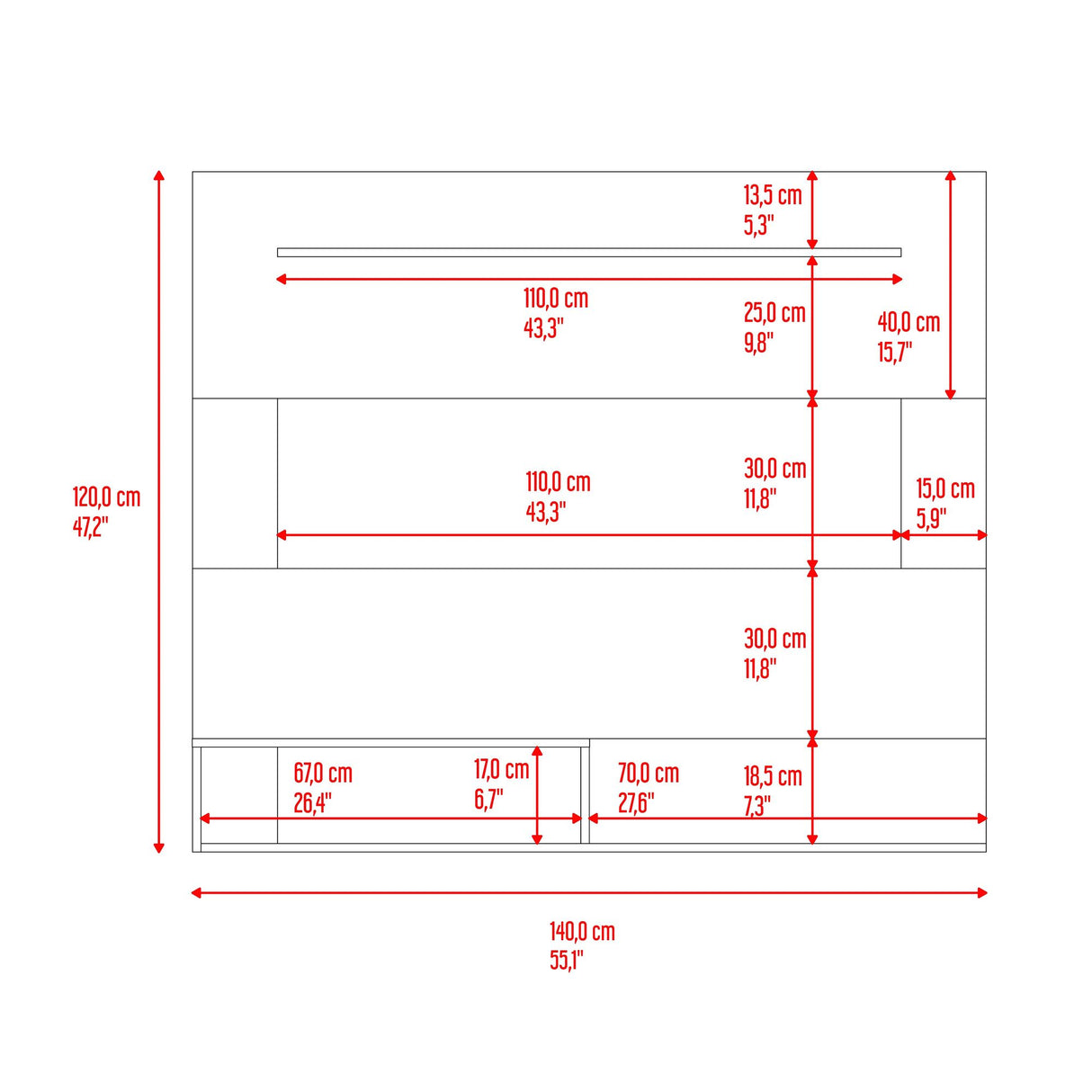 Panel de TV Beijing Fresno y Wengue 140x120cm Para TV Hasta 55 Pulgadas con Cinco Compartimientos - MUEBLES DE TV | Bylmo