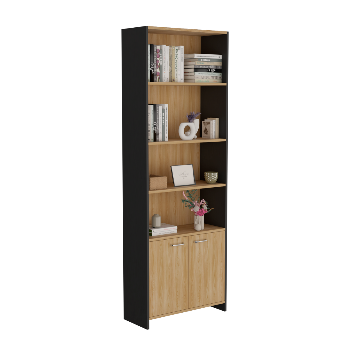 Biblioteca Lisa Fresno y Wengue 63x180.6cm Rectangular con Dos Puertas con Cinco Compartimientos y con Cuatro Entrepaños