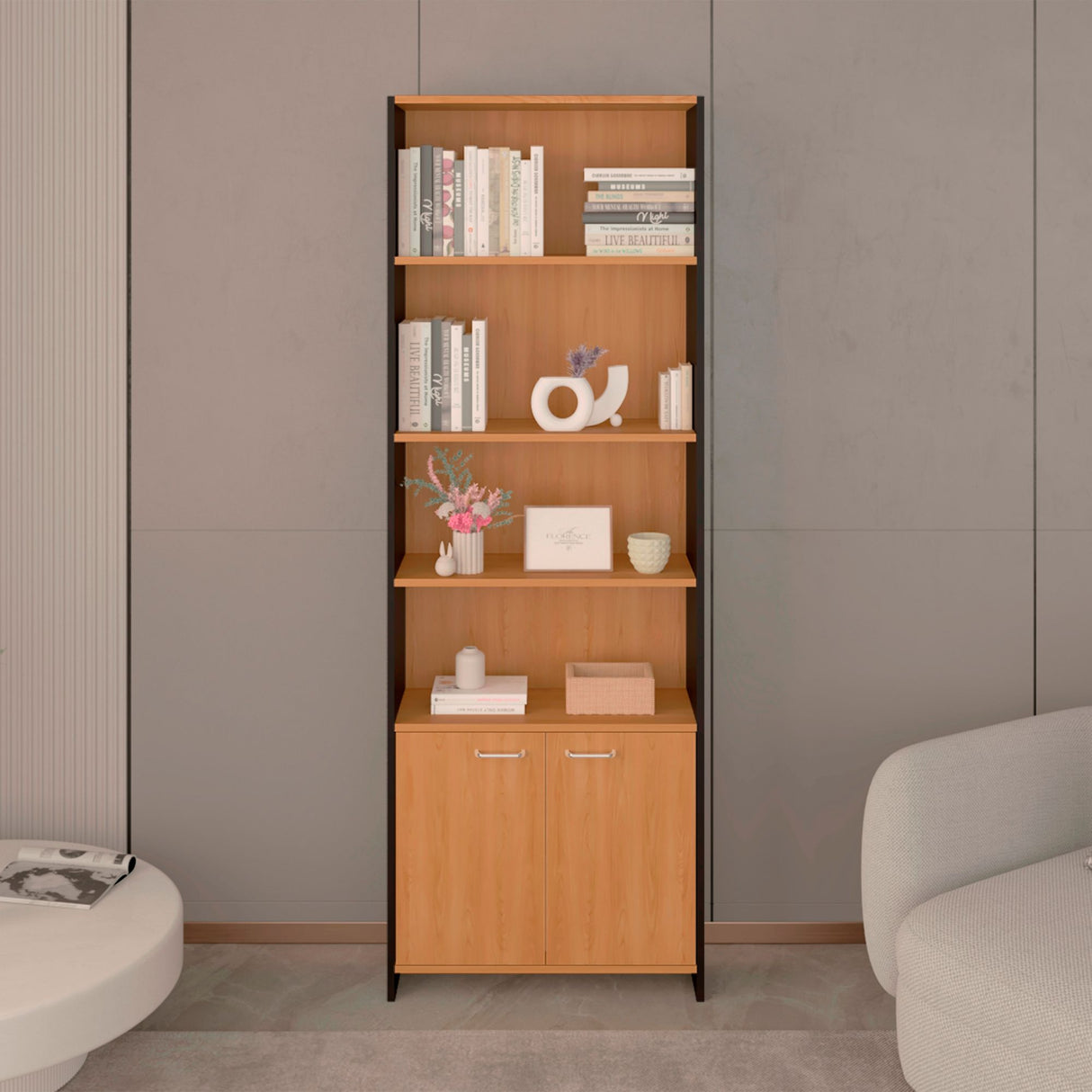 Biblioteca Lisa Fresno y Wengue 63x180.6cm Rectangular con Dos Puertas con Cinco Compartimientos y con Cuatro Entrepaños - BIBLIOTECAS Y ESTANTERIAS | Bylmo
