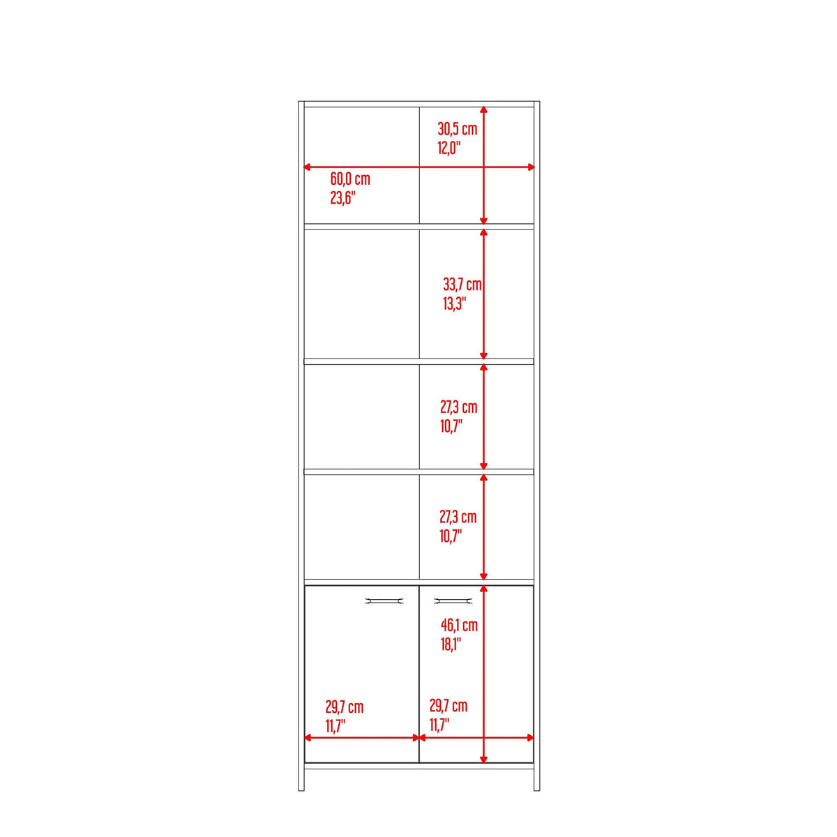 Biblioteca Lisa Fresno y Wengue 63x180.6cm Rectangular con Dos Puertas con Cinco Compartimientos y con Cuatro Entrepaños