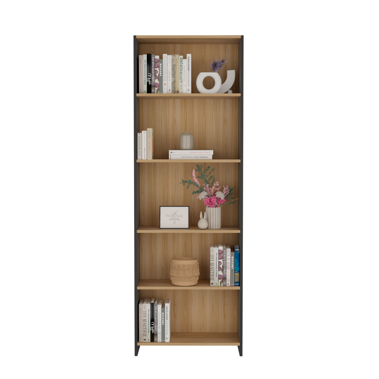 Biblioteca Lisa Fresno y Wengue 63x180.6cm Rectangular con Cinco Compartimientos y con Cuatro Entrepaños - BIBLIOTECAS Y ESTANTERIAS | Bylmo