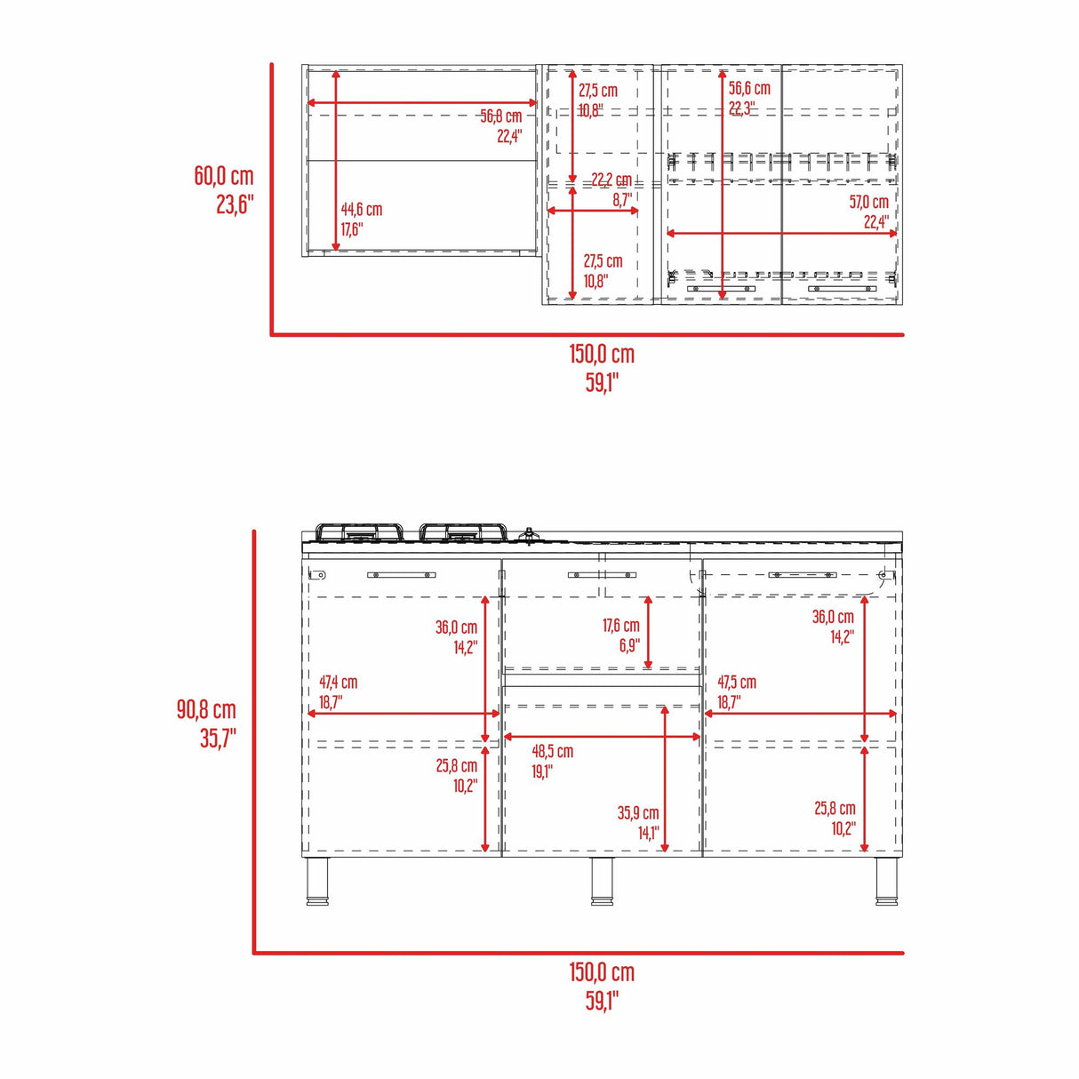 Cocina Paoli Bardolino y Blanco 150x60cm con Mesón de Acero Inoxidable y con Pozuelo Lado Derecho - COCINAS | Bylmo