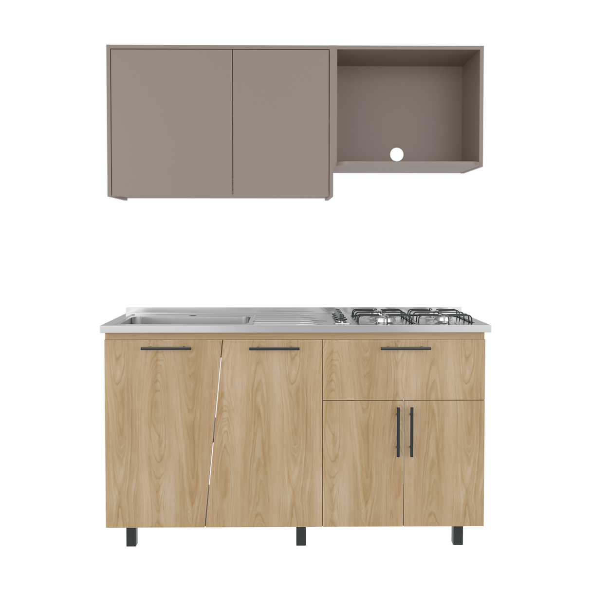 Cocina Emilia Fresno y Taupe 150x60.1cm con Mesón de Acero Inoxidable y con Pozuelo Lado Izquierdo - COCINAS | Bylmo
