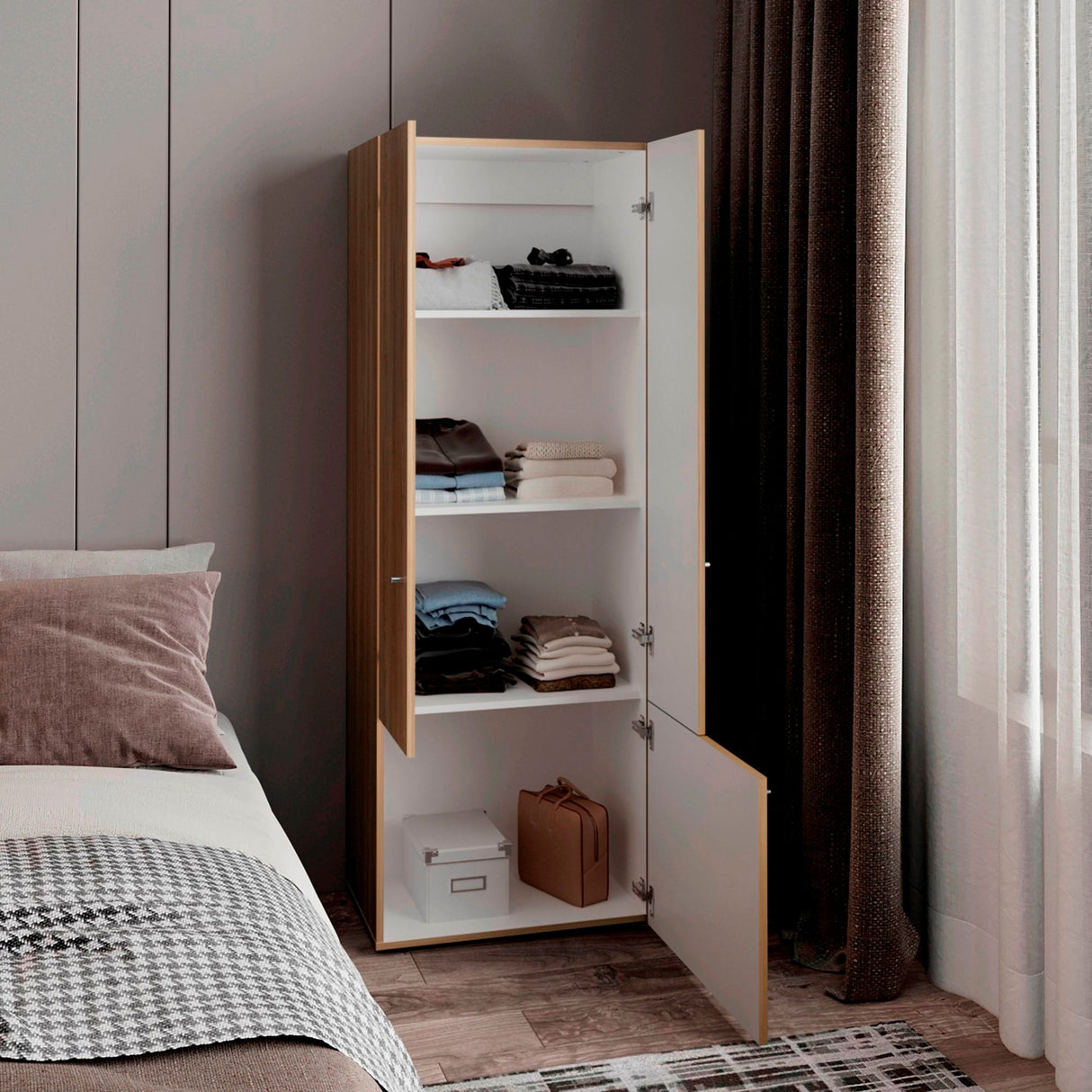 Closet Tuhogar Fresno y Blanco 60x170cm con Cuatro Compartimientos y con Tres Puertas - CLOSETS | Bylmo