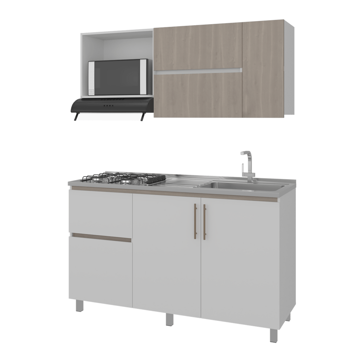 Cocina Florence Blanco y Bardolino 150x60cm con Mesón de Acero Inoxidable Pozuelo Lado Derecho y con Estufa - COCINAS | Bylmo