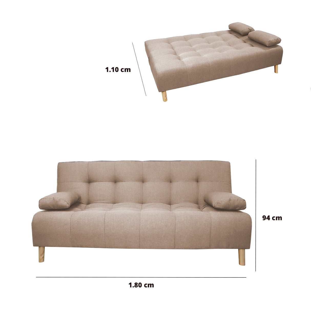 Sofá Cama Sabathy Camel 180x40cm De Tres Puestos Reclinable Antifluido con Dos Cojines Decorativos - SOFAS Y POLTRONAS | Bylmo