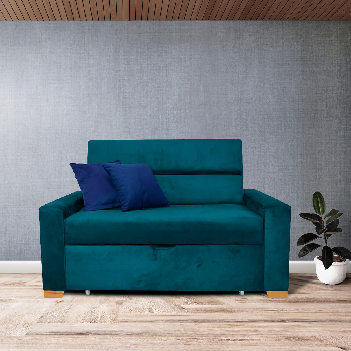 Sofá Cama Aubry Azul Turquesa 150x60cm De Dos Puestos Reclinable Antifluido con Dos Cojines Decorativos - SOFAS Y POLTRONAS | Bylmo