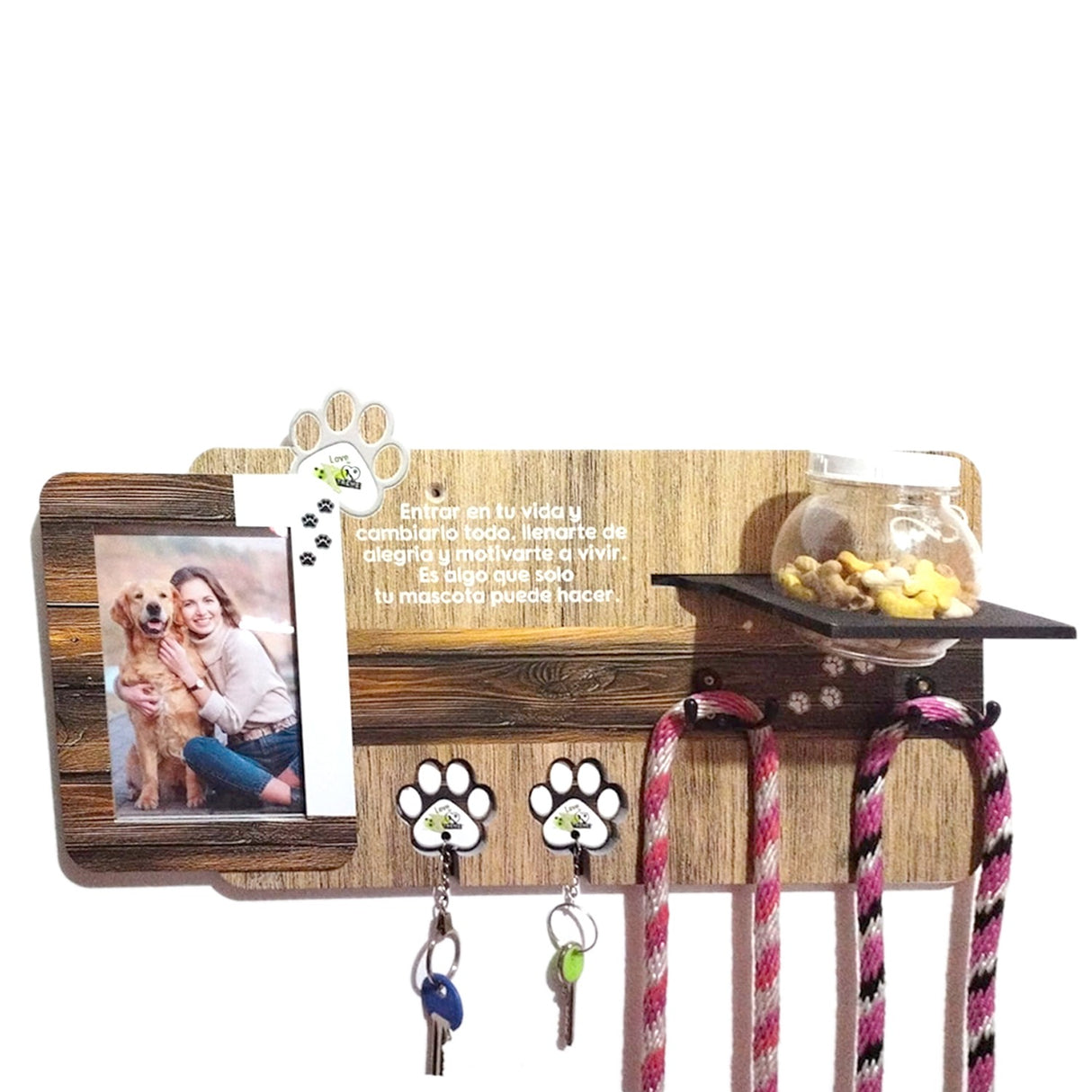 Repisa Perchero Pet Madera 47x15cm con Dos Ganchos y Portarretrato - PERCHEROS | Bylmo