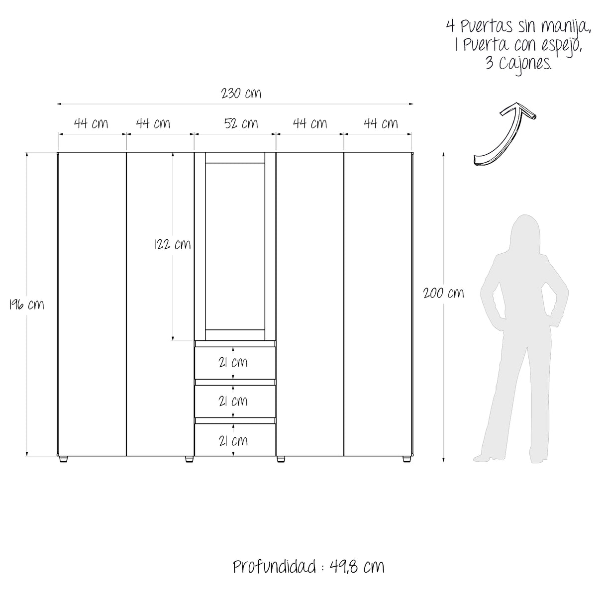 Closet Java Niebla y Blanco 230x200cm con Tres Cajones con Cinco Compartimientos y con Espejo - CLOSETS | Bylmo