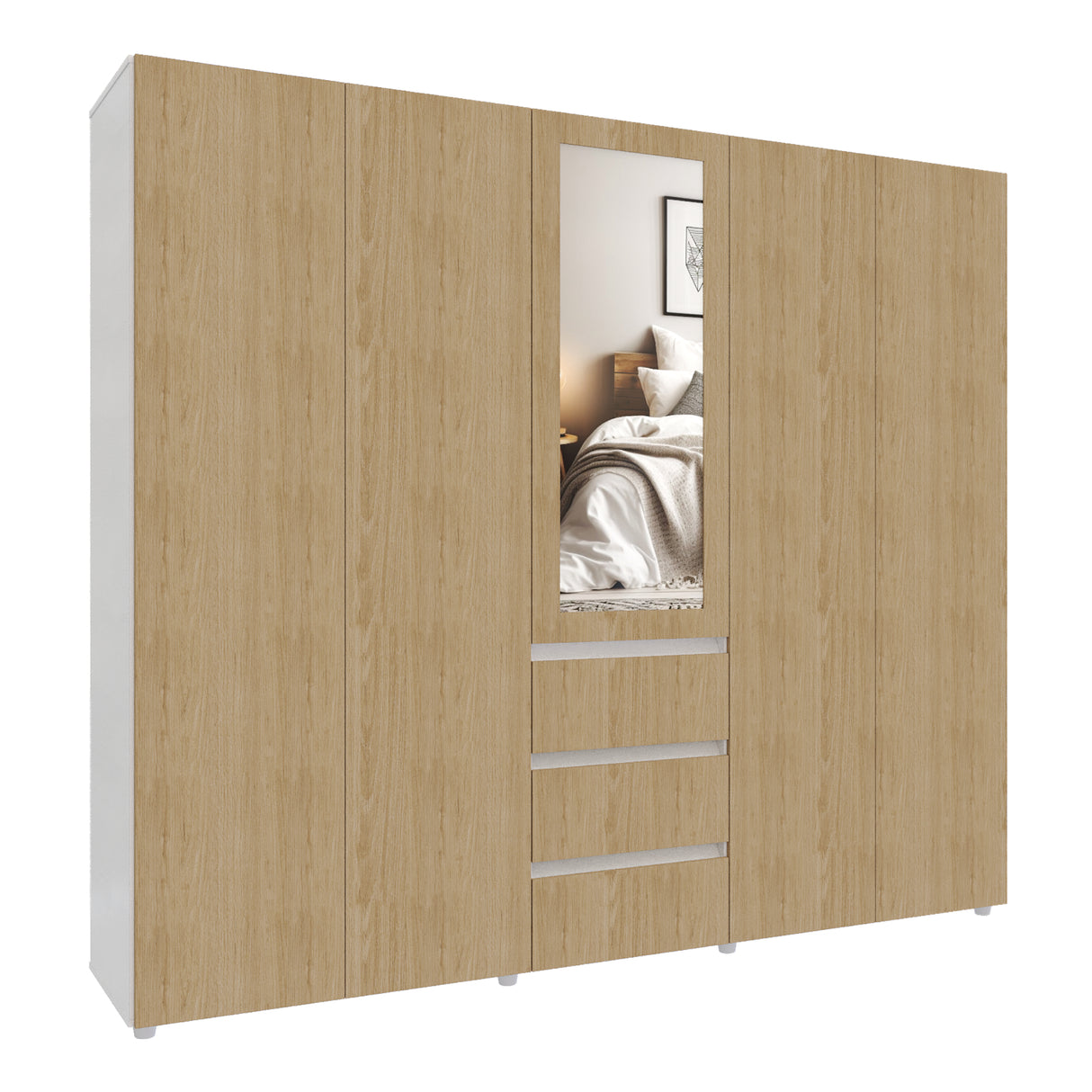 Closet Java Rovere y Blanco 230x200cm con Tres Cajones con Cinco Compartimientos y con Espejo - CLOSETS | Bylmo