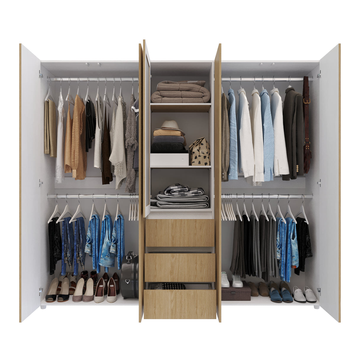 Closet Java Rovere y Blanco 230x200cm con Tres Cajones con Cinco Compartimientos y con Espejo - CLOSETS | Bylmo