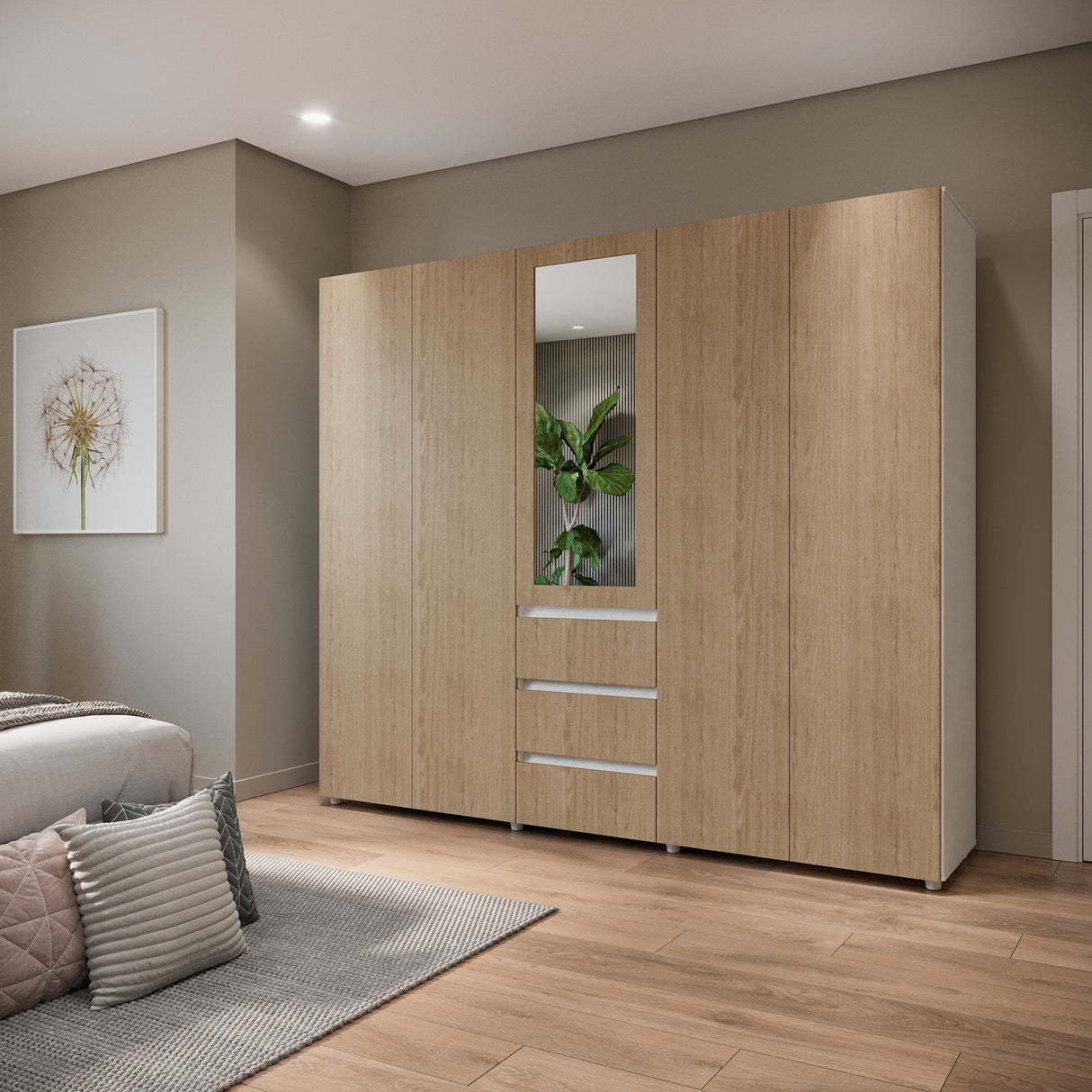 Closet Java Rovere y Blanco 230x200cm con Tres Cajones con Cinco Compartimientos y con Espejo - CLOSETS | Bylmo