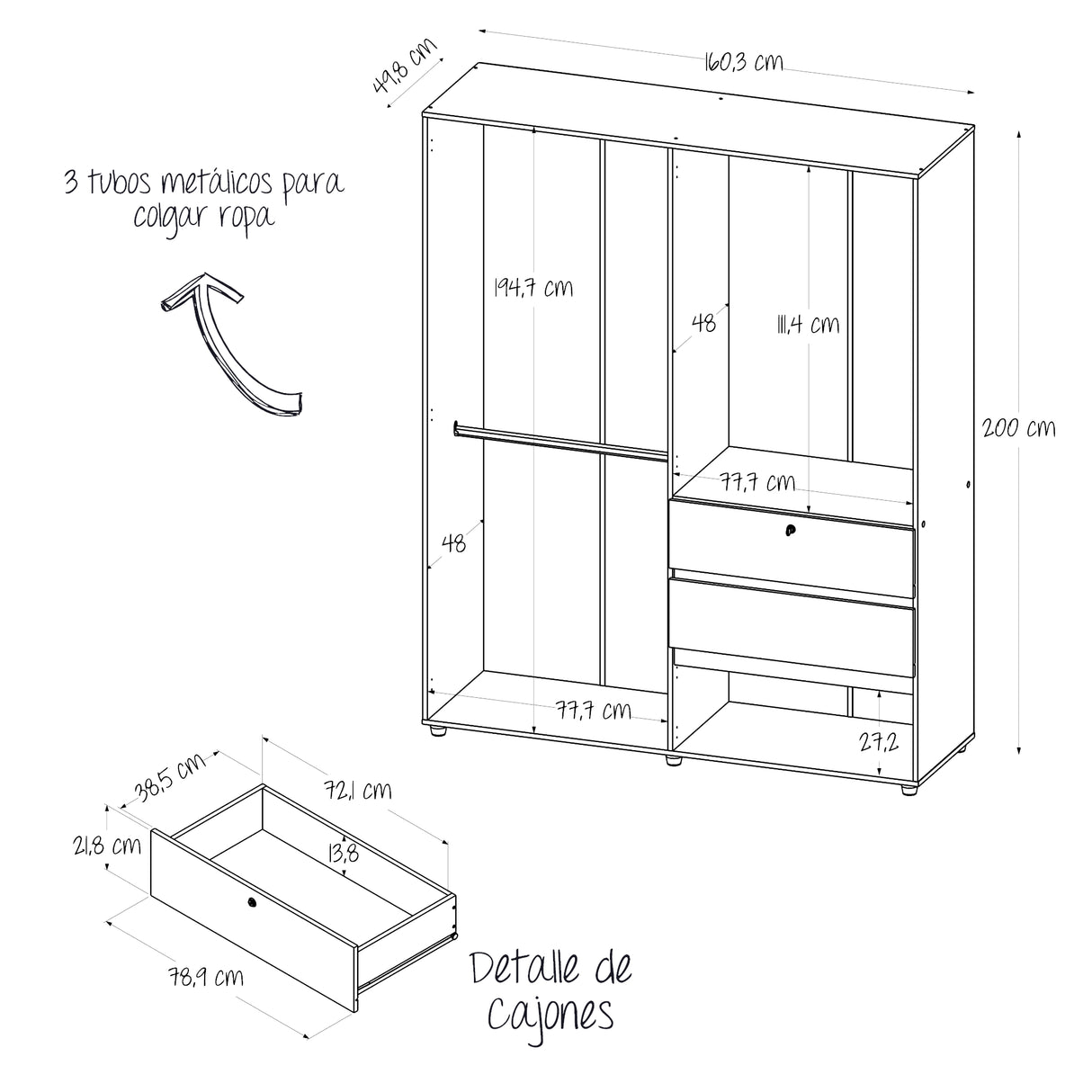 Closet Luanda Niebla y Blanco 160x200cm con Dos Cajones con Tres Compartimientos y con Espejo - CLOSETS | Bylmo