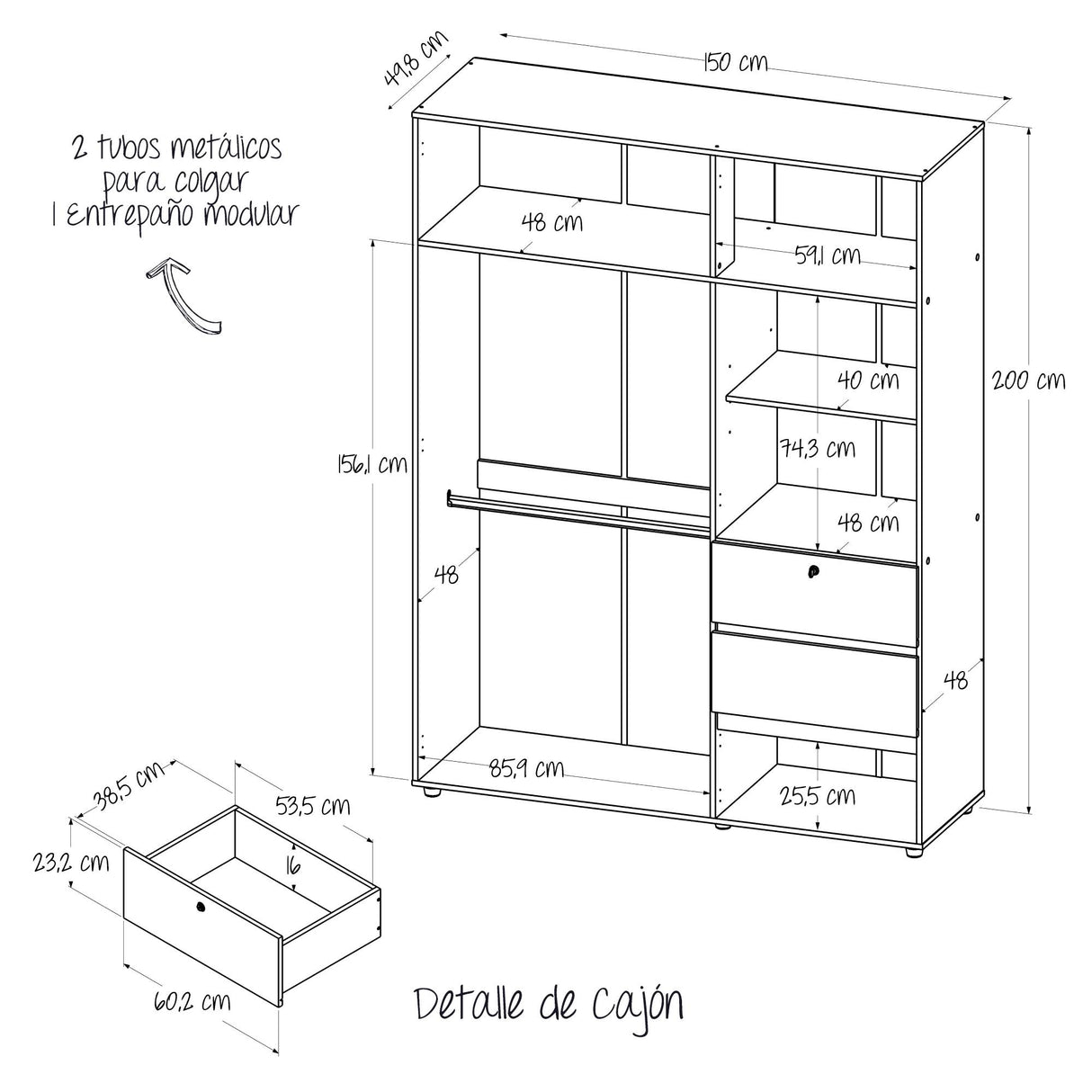 Closet Riga Niebla y Blanco 150x200cm con Dos Cajones y con Seis Compartimientos - CLOSETS | Bylmo