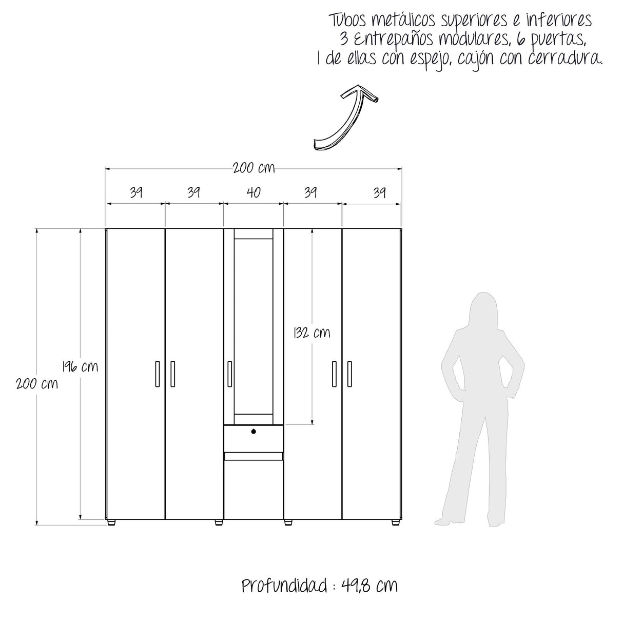Closet Perla Ceniza y Blanco 200x200cm con Un Cajón con Siete Compartimientos y con Espejo - CLOSETS | Bylmo
