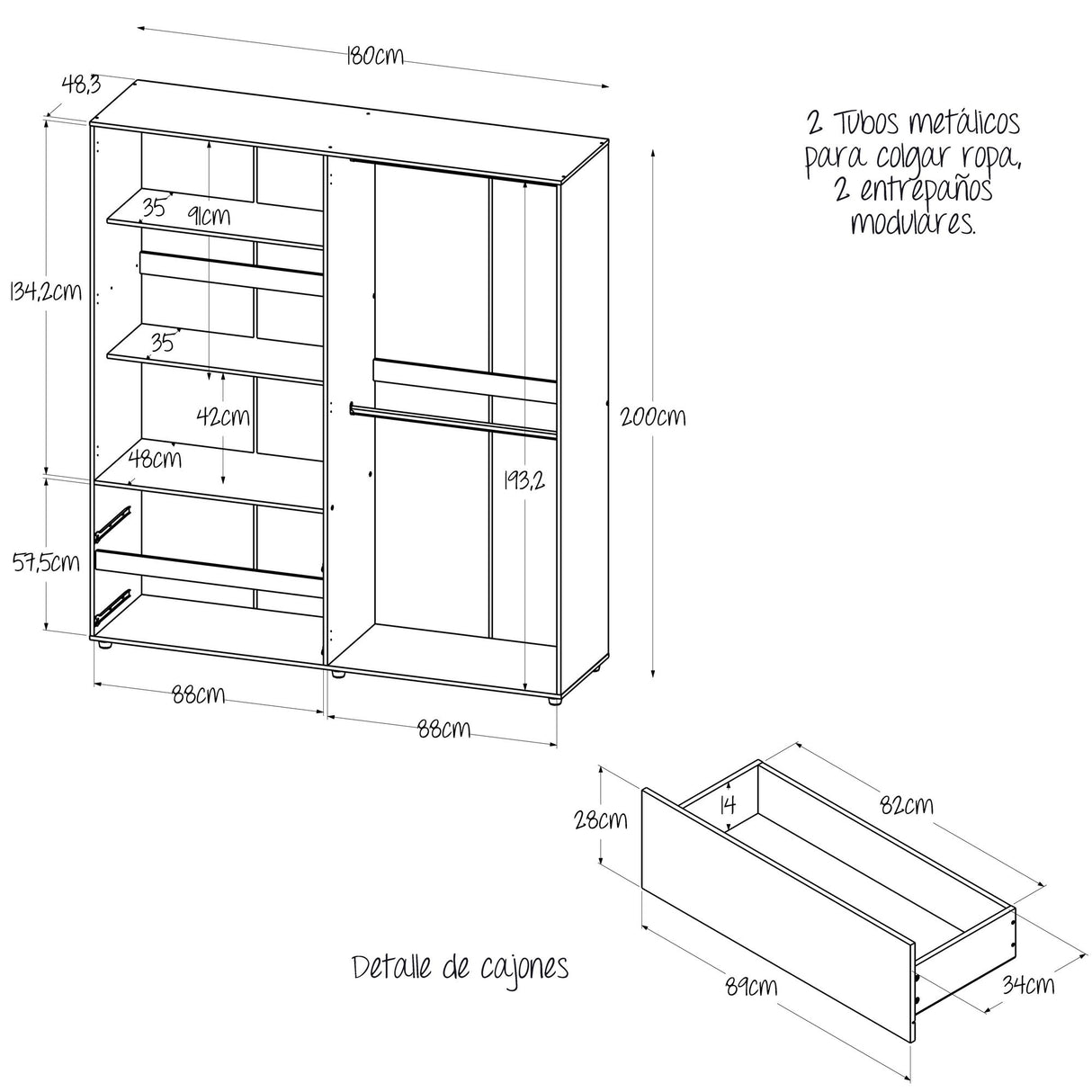 Closet Malabo Duna y Blanco 180x200cm con Dos Cajones y con Tres Compartimientos - CLOSETS | Bylmo